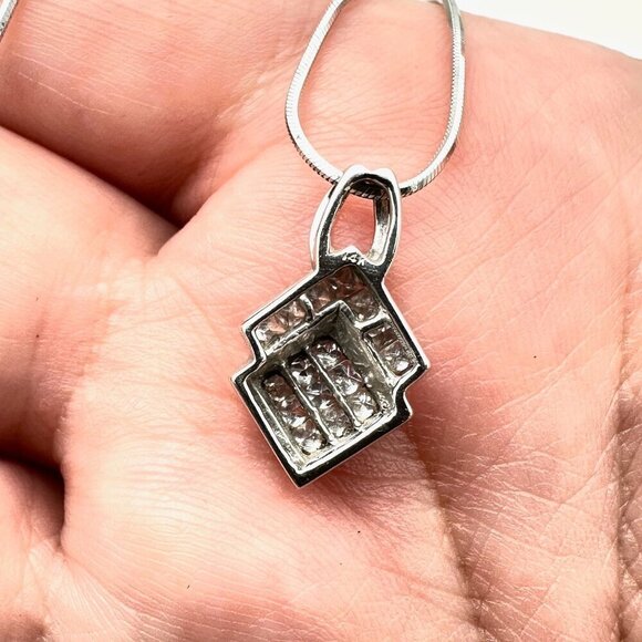 14K White Gold Womens Necklace Princess Cut Diamond Pendant - Picture 3 of 6